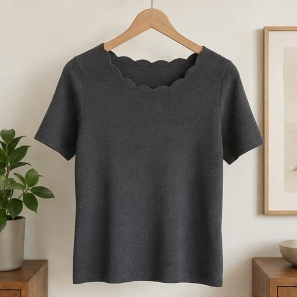 Charcoal Scallop Neck Knit Top